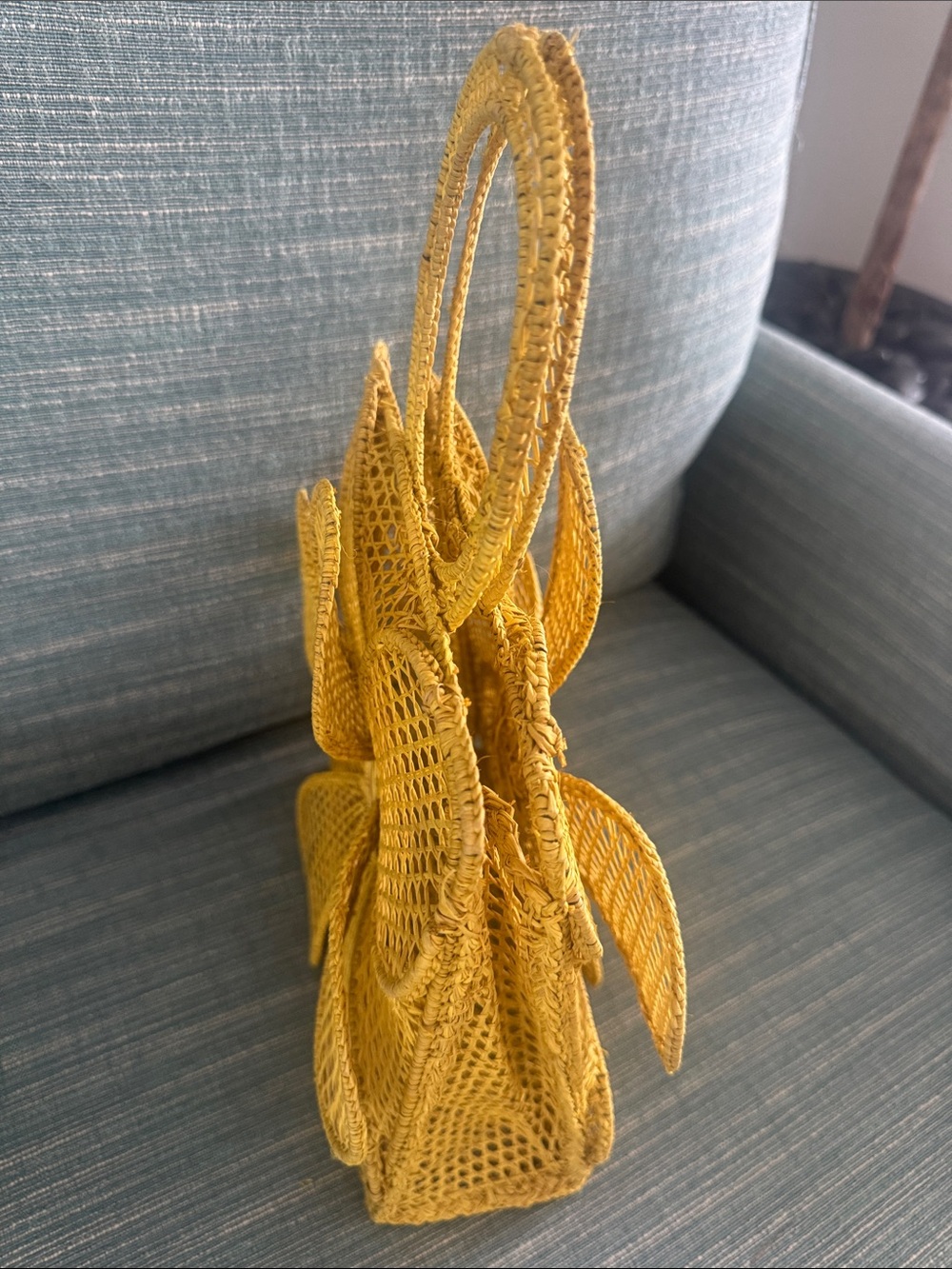 Yellow Handwoven Flower Straw Tote Bag - Women - Picture 3 of 3